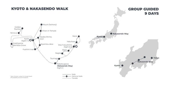 Kyoto and Nakasendo Walk 9 Days Walk Map